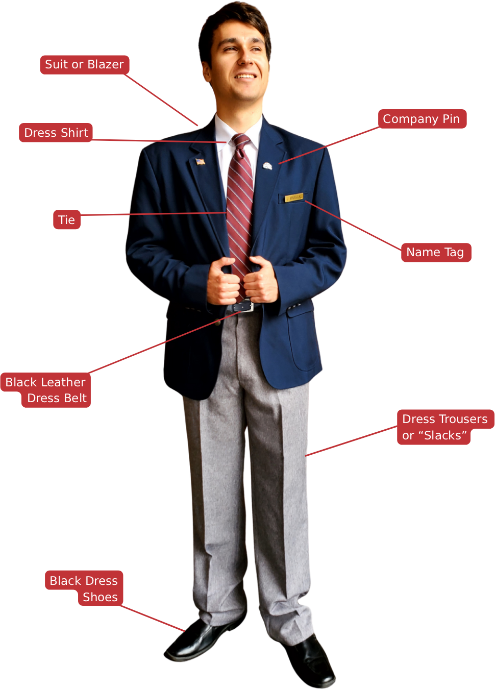 AIG courtesy attendant uniform: blazer, dress shirt, and tie