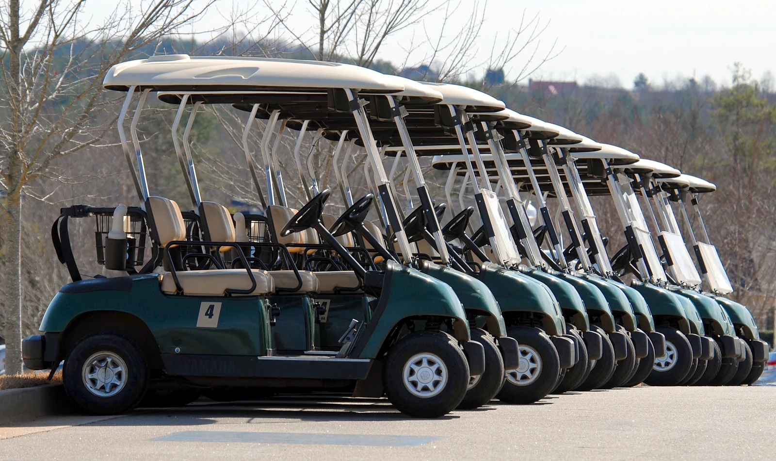 A row of golf carts parked at a property
